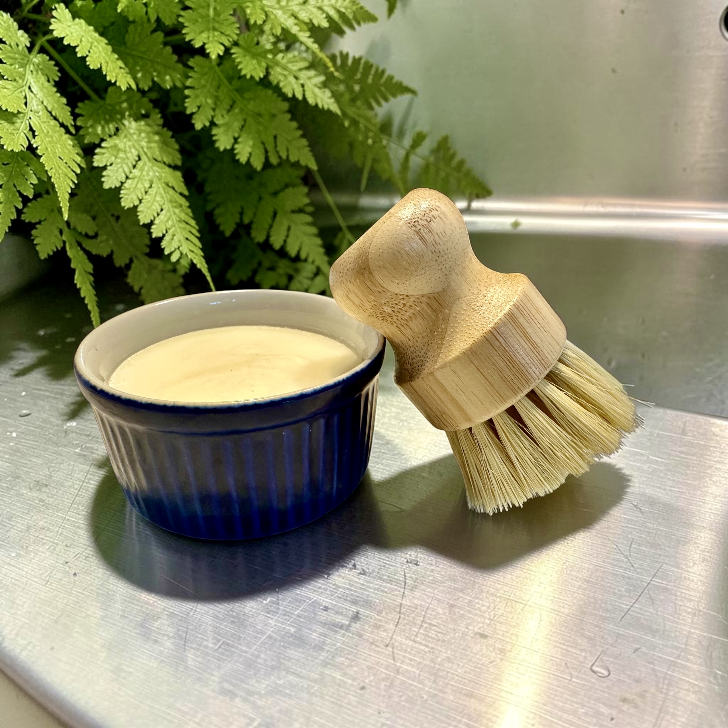 Dishwashing Set — Blue ceramic dish + brush